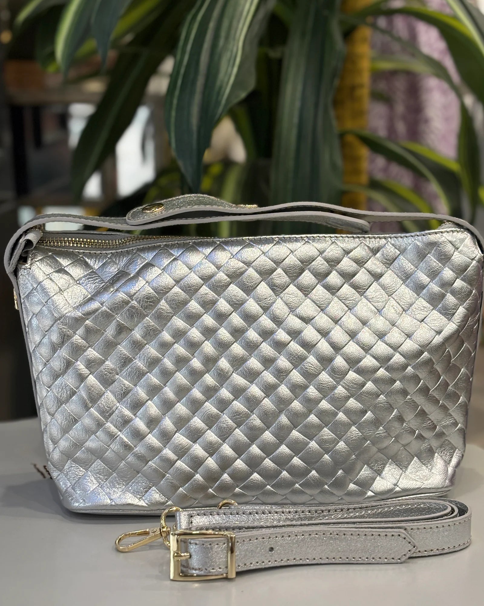 Treviso Leather Lattice Bag - Silver