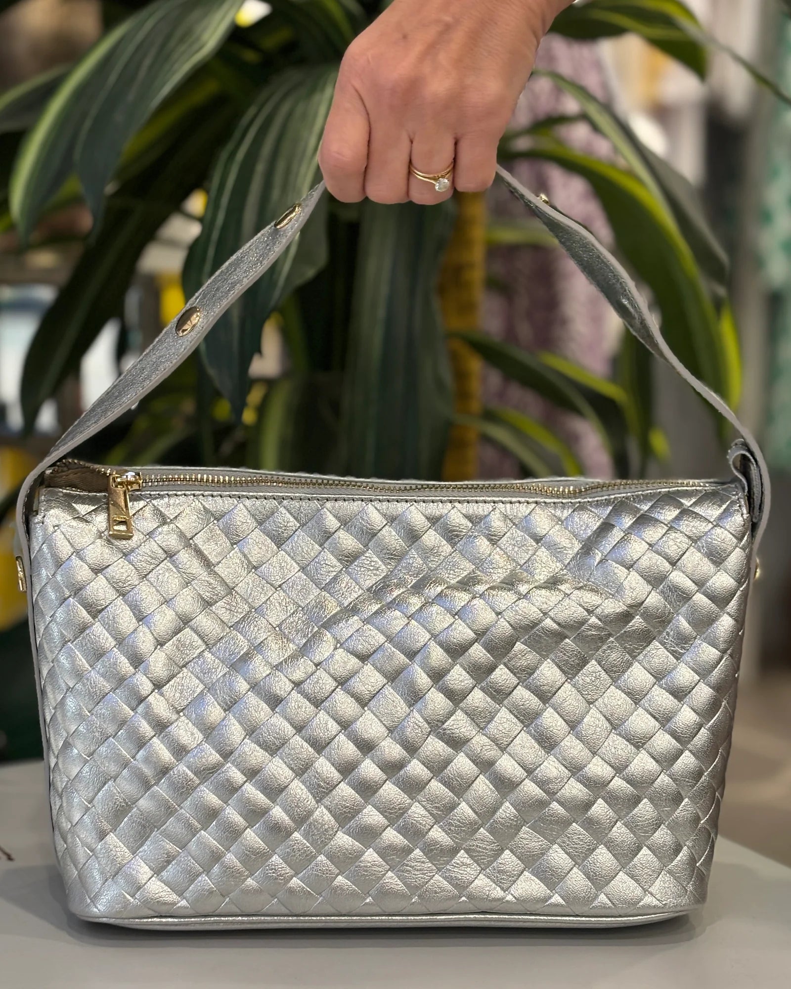 Treviso Leather Lattice Bag - Silver