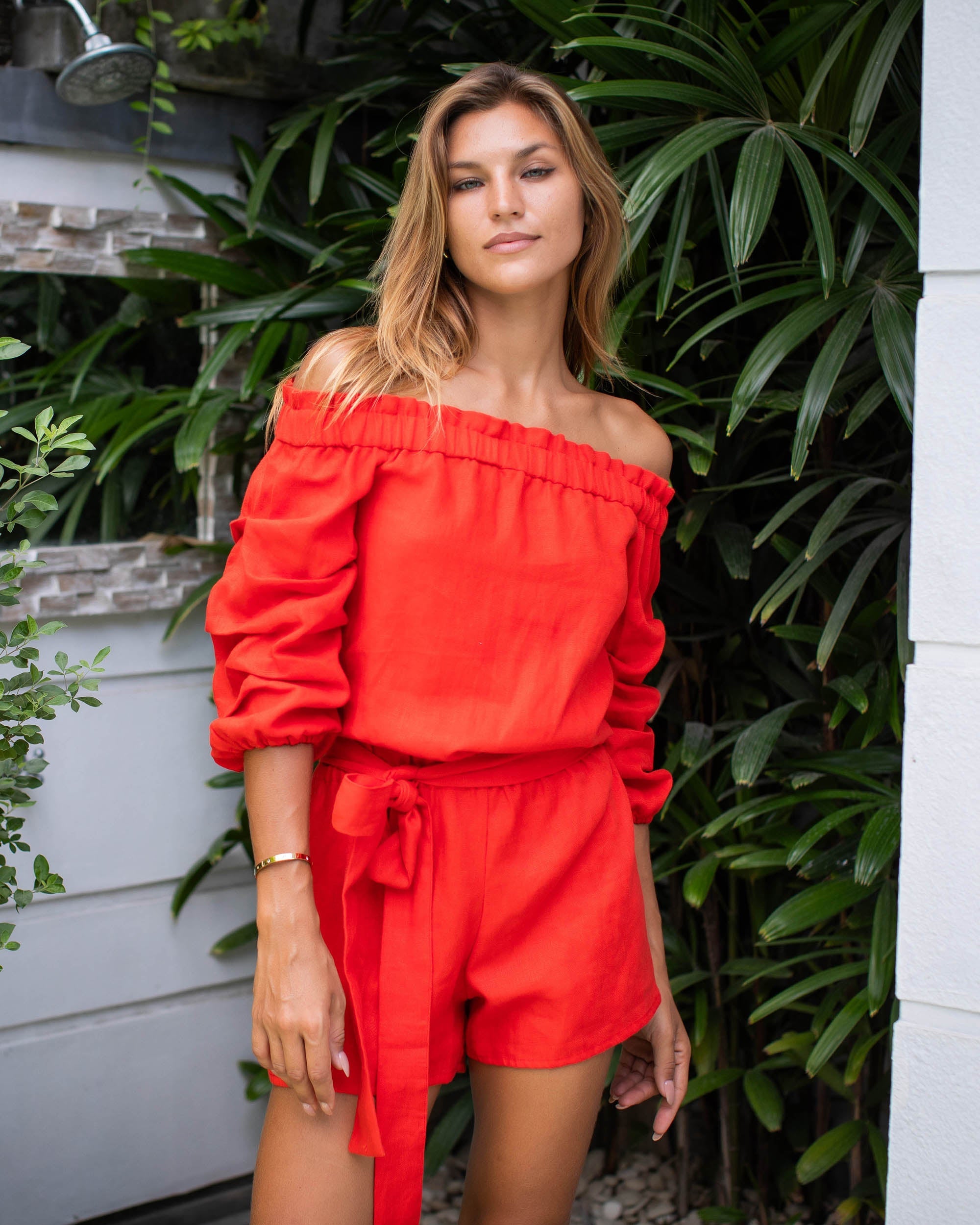 Sarina Playsuit - Sunset Red Linen